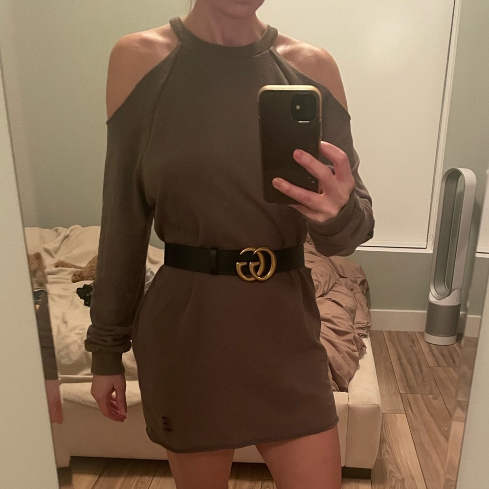 Army Green Sweater Dress with shoulder cut out
